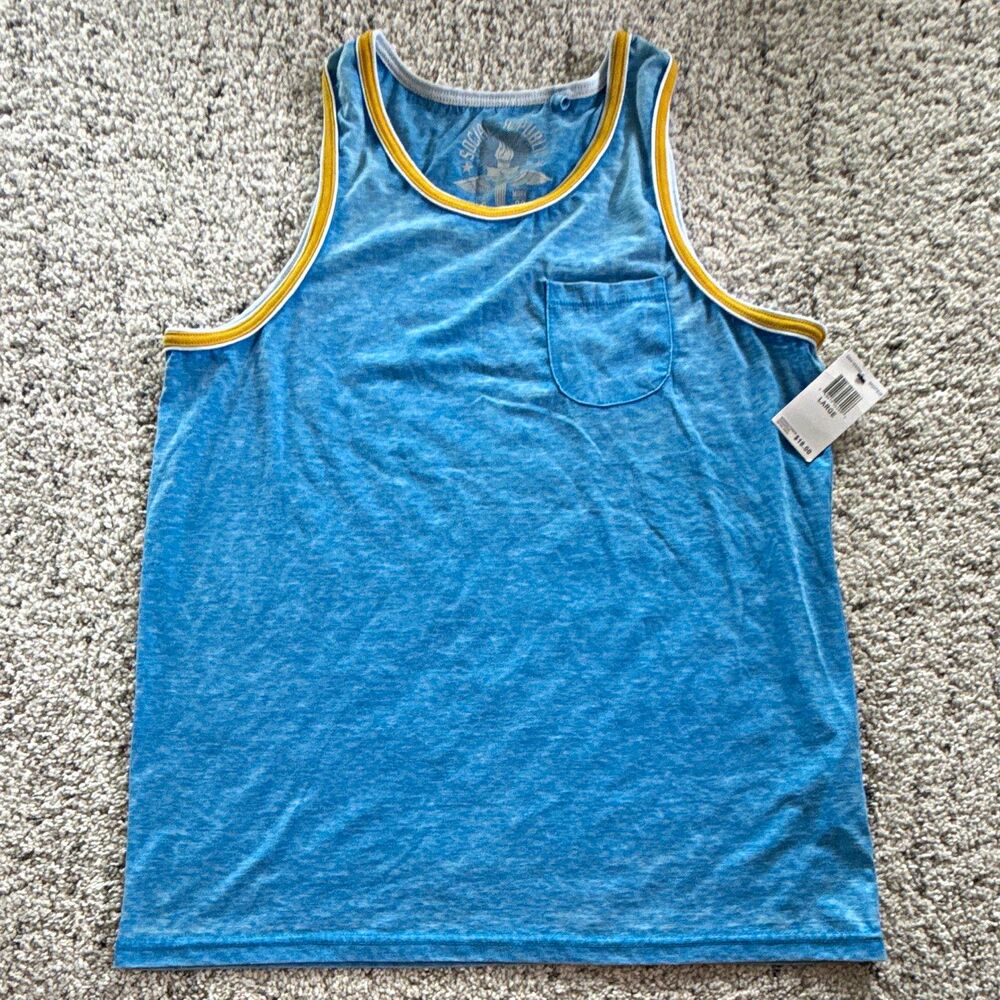 Social Republic Men’s L Blue Solid Scoop Neck Sleeveless Tank Trim Tee